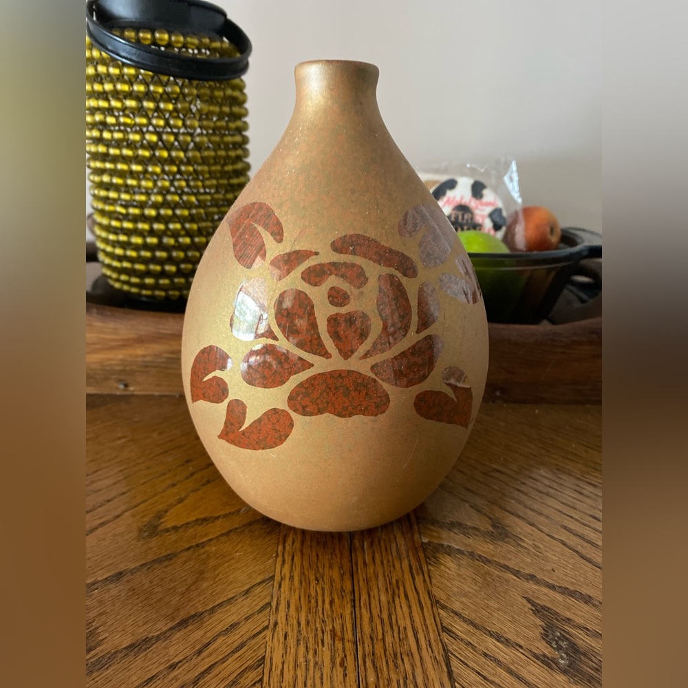 Vintage 70s Hand Made Boho Ceramic Vase With High Gloss Floral Rose Design 8”